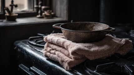 Blush towel folded beneath rustic mushroom skillet on dark charcoal stove, cozy light from side window