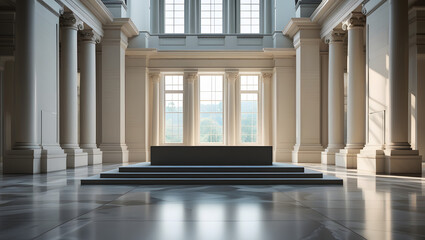 Obraz premium Interior Of A Large Building With Columns And A Stage