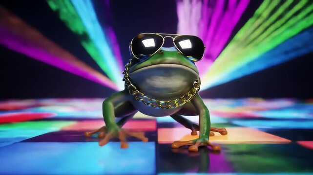 A cool green amphibian in sunglasses and a gold chain does the Frog Dance on a vibrant disco dancefloor