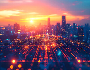 Cityscape digital network sunrise