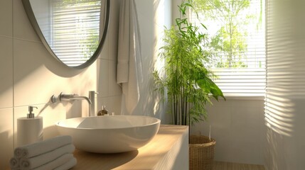Fototapeta premium Sunlight brightens modern bathroom design.