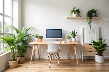 Bright Minimalist Home Office with Abundant Greenery and Natural Light