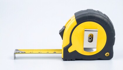 A yellow and black retractable tape measure with exposed markings and a metal hook rests cleanly—evoking precision, readiness, and the tactile rhythm of measurement and manual control.