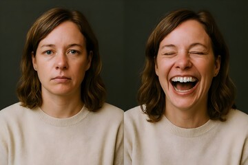 Woman showing contrasting emotions of sadness and happiness, highlighting the complexity of human feelings and the spectrum of expressions in a studio portrait
