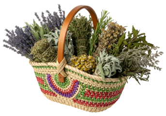 A basket brimming with various dried herbs and flowers, showcasing a vibrant array of colors and textures.
