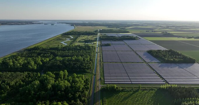 Solar Park Biddinghuizen, at recreation area, largest solar park in the Netherlands, renewable energy.