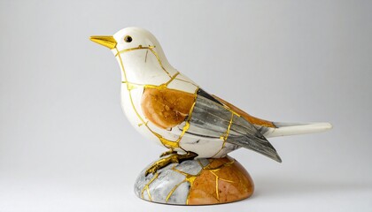 A ceramic bird sculpture repaired with golden Kintsugi seams—white body with earthy accents perched in quiet grace. Cracks gleam with history, embracing imperfection as luminous truth.