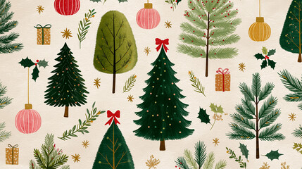 Festive Ornament Illustration: An illustration of Christmas tree ornaments and decorations, a beautiful arrangement of holiday cheer.