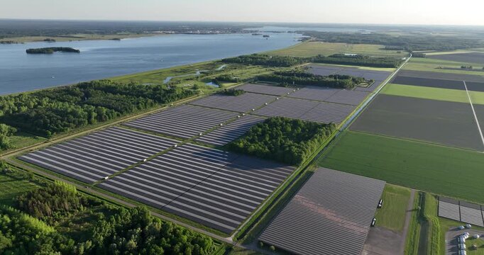 Solar Park Biddinghuizen, at recreation area, largest solar park in the Netherlands, renewable energy.