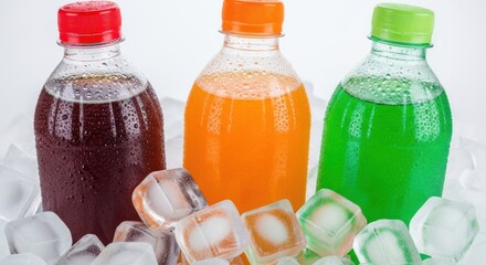 Three bottles of colorful soda drinks with ice cubes on a white background
