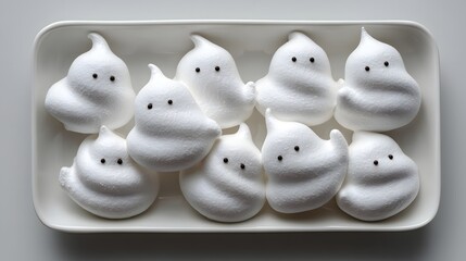 Cute Ghost-Shaped Meringues on a White Plate for Halloween Treats