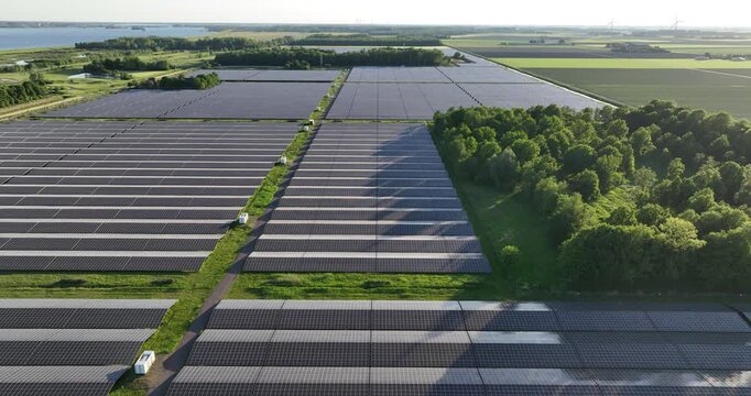 Solar Park Biddinghuizen, at recreation area, largest solar park in the Netherlands, renewable energy.