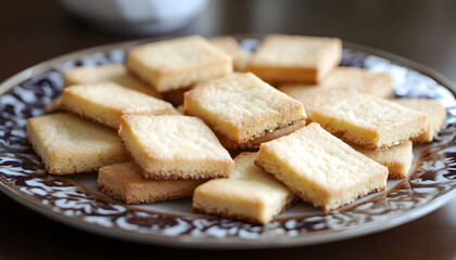 Square cookies are neatly arranged on a decorative plate, creating a tempting display