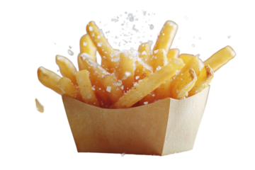 Golden crispy fries sprinkled with salt served in a cardboard container on a white background