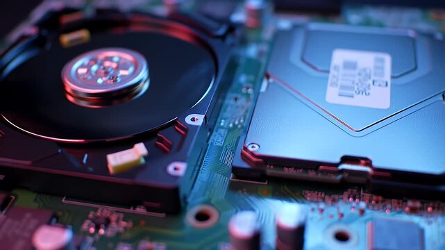 Close Up View of a Computer Circuit Board with Hard Drive and SSD