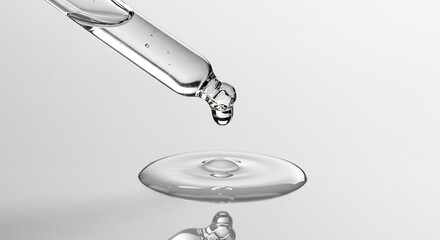 A glass dropper dispenses a water droplet onto a surface A pool of water appears below