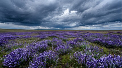 Fototapeta premium Field of purple flowers under a dramatic cloudy sky.