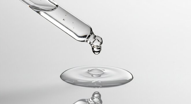 A glass dropper dispenses a water droplet onto a surface A pool of water appears below