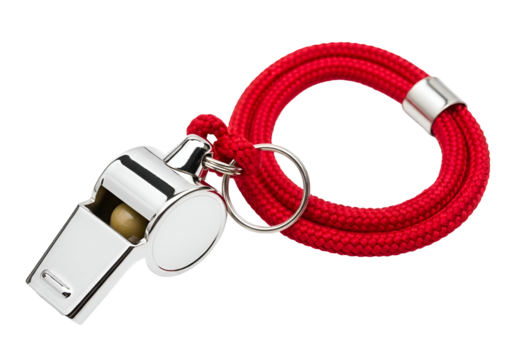 A polished, chrome whistle with a vibrant red cord, highlighted against a solid black background, presents a simple yet impactful image.