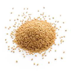 Single dried sesame seed isolated on white background, highlighting its small size, smooth beige texture,