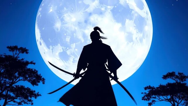 Samurai silhouette under full moon