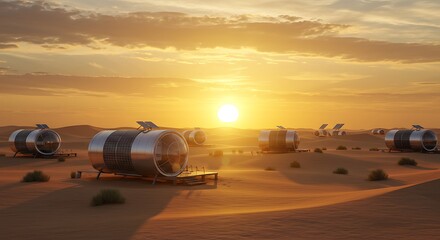 砂漠の夕陽と金属の繭