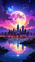 Colorful cityscape under full moon