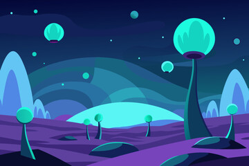 Alien landscape with glowing flora and distant planets