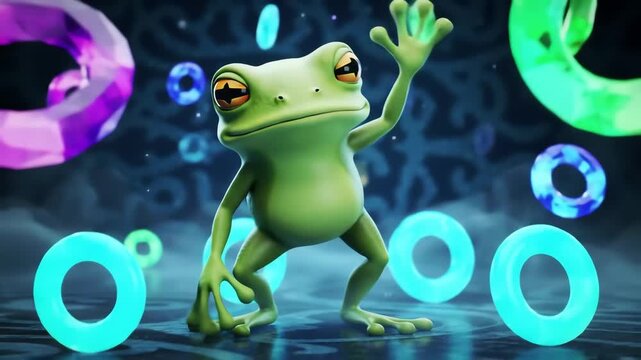 Frog Dance A whimsical illustration of a green frog celebrating with vibrant, floating rings and playful ambiance