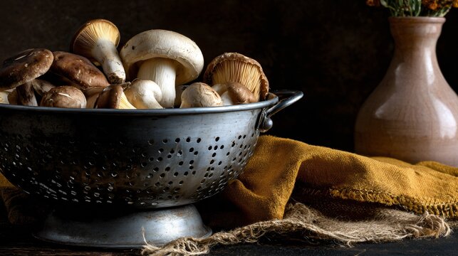Rustic fall prep scene: mushrooms in metal colander on dark background, mustard towel and blush vase