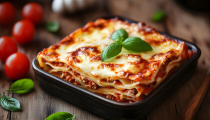 Delicious baked lasagna topped with fresh basil on wooden table