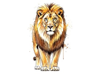 Obraz premium Majestic male lion with full mane walking forward in a watercolor style