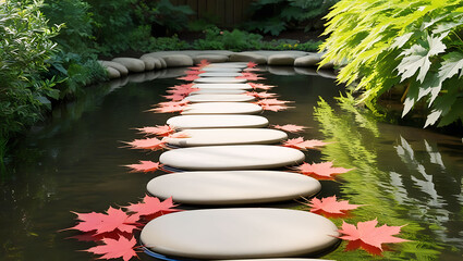 Tranquil Garden Path with Red Maple Leaves Across Reflective Waterscape Serenity