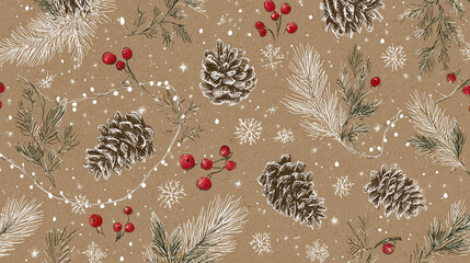 Seamless Christmas and Winter Pattern with  Pine Cones, Holly, and Red Berries on a Rustic Kraft Paper Background. Ideal for Holiday Wrapping Paper, Fabric, or Greeting Cards