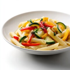 Colorful vegetable pasta salad with zucchini red bell peppers and green herbs served in white bowl on white background
