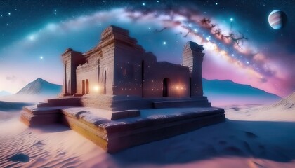 Ancient ruins under a starry sky on another planet showcasing mesmerizing cosmic elements