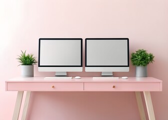 Pink Minimalist Home Office Desk with Two Computers and Plants