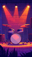 Colorful drum set under spotlights