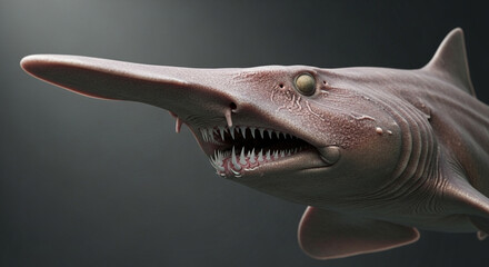 Naklejka premium A close-up view captures a unique marine creature with an elongated snout and a set of sharp teeth, showcasing its distinct features against a dark background.