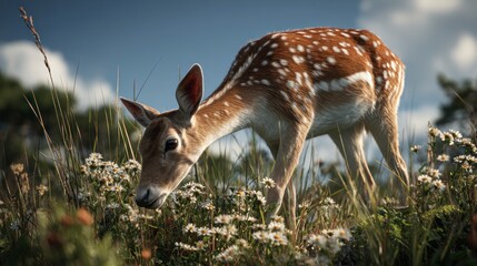 Fawn grazing in meadow