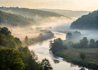 Misty River Valley Sunrise Landscape