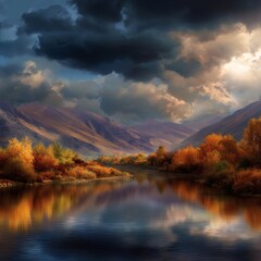 Fototapeta premium Autumn mountain landscape with river, colorful trees, golden reflection, dramatic sky, panoramic 16:9 view 