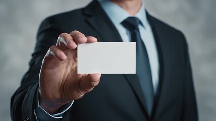 Closeup of Man in Suit Holding Blank White Business Card Against Grey Background - Powered by Adobe