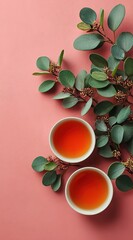 Flat lay of two bowls of tea and some green leaves on the left side, set against a pink background