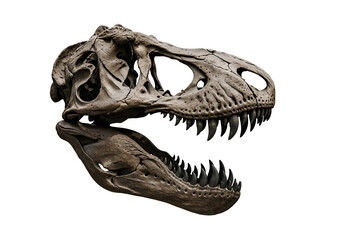 Fototapeta premium Close-up of a detailed prehistoric T-Rex skull, showcasing intricate bone structure and sharp teeth against a stark black background.