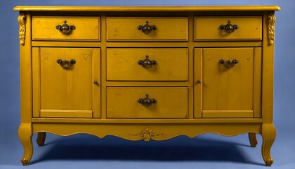 Fototapeta premium Bright yellow vintage wooden dresser with ornate carvings, curved legs, brass handles, and a central keyhole—evoking antique charm, bold color contrast, and modernized classic elegance.