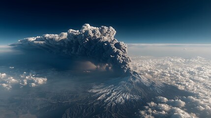 Breathtaking, high-altitude aerial drone photograph captures a volcano powerfully erupting, sending a massive plume of grey ash and smoke high up.