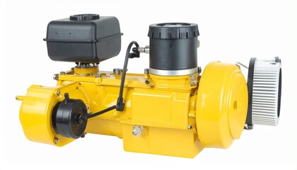 Fototapeta premium Yellow theodolite mounted on a tripod with telescope and adjustment knobs, set against a clean backdrop—evoking precision, surveying, and the engineered elegance of spatial measurement.