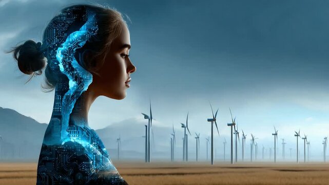 Renewable Thoughts: A silhouette of a woman contemplates the future, with a mindscape reflecting the harmony between human intellect and sustainable energy.