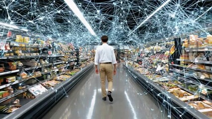 Navigating the Network: A person walks purposefully down the aisle of a vibrant supermarket, the architecture of a digital network superimposed above. - Powered by Adobe